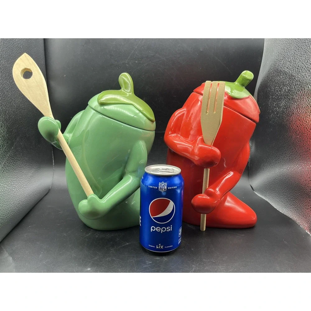 Red & Green Chili Pepper Cookie Jar/Canisters With Arms And Lid 10.75